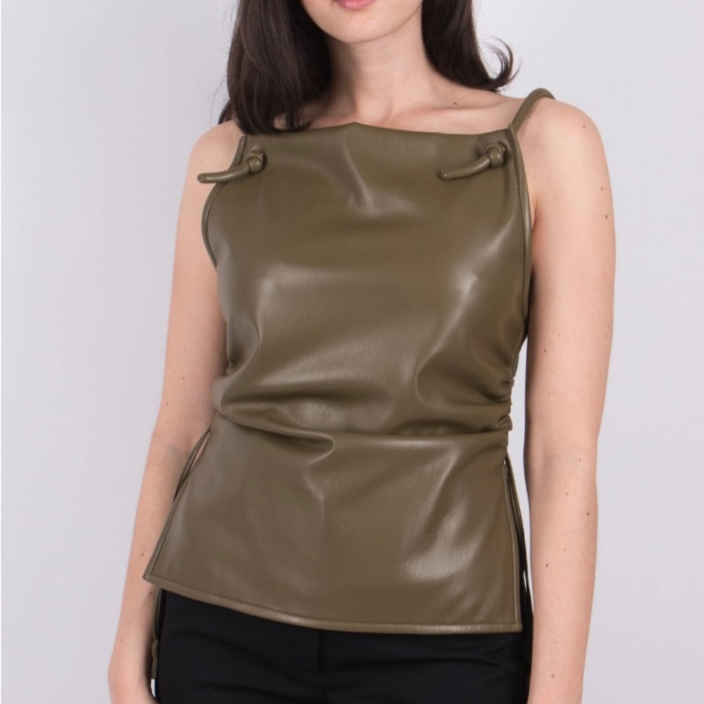 Josca Olive Fitted Top, Vegan Leather, straps - Size XS NEW, Netaporter Tags